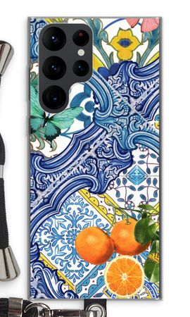 Blaue Fliesen und Orangen