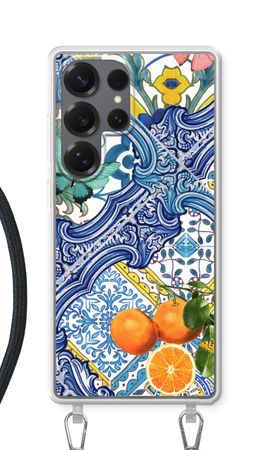 Blå kakelplattor och apelsiner