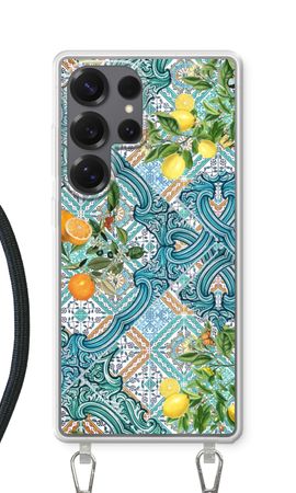 Blå kakelplattor, citroner och apelsiner