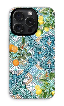 Blaue Fliesen, Zitronen und Orangen