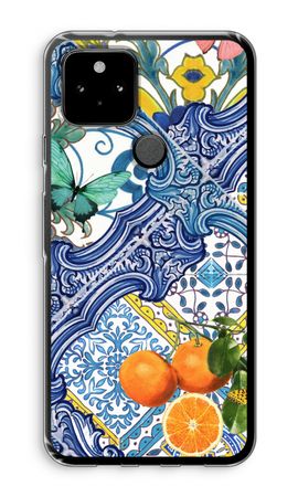 Blaue Fliesen und Orangen