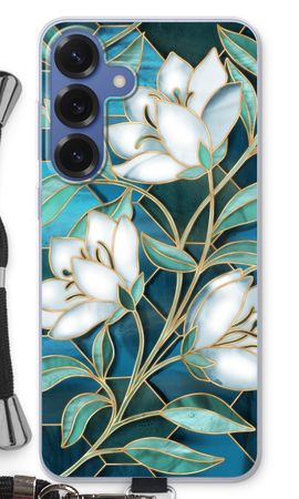 Blå blommor i färgat glas