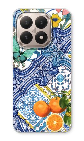 Blaue Fliesen und Orangen