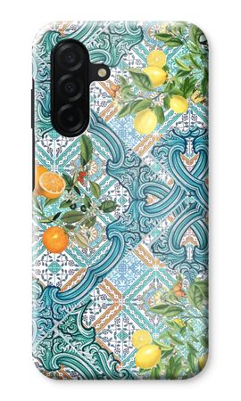 Blue tiles, lemons and oranges