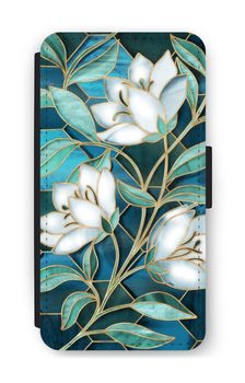 Blå blommor i färgat glas