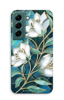 Blå blommor i färgat glas