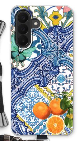 Blue tiles and oranges