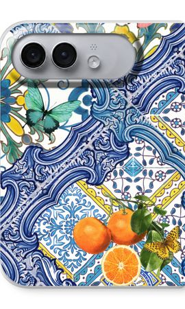 Blaue Fliesen und Orangen