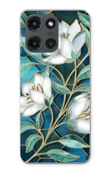 Blå blommor i färgat glas