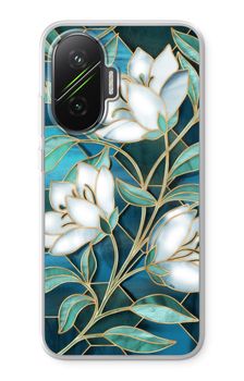 Blå blommor i färgat glas