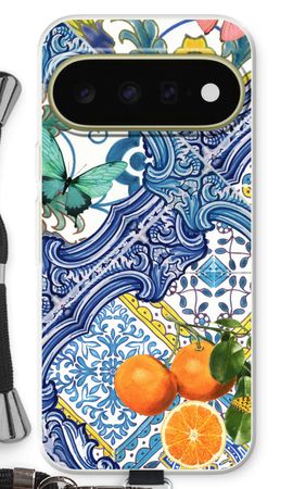 Blaue Fliesen und Orangen