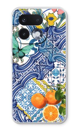 Blauwe tegels en appelsienen