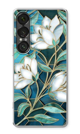 Blauwe glas-in-lood bloemen