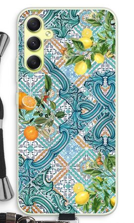 Blue tiles, lemons and oranges