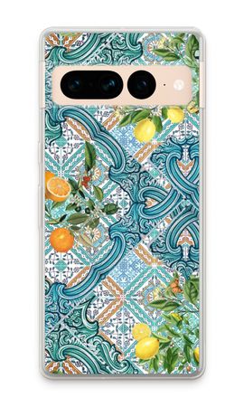 Azulejos azules, limones y naranjas