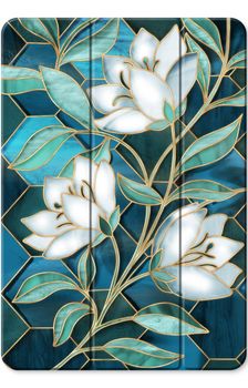 Blå blommor i färgat glas