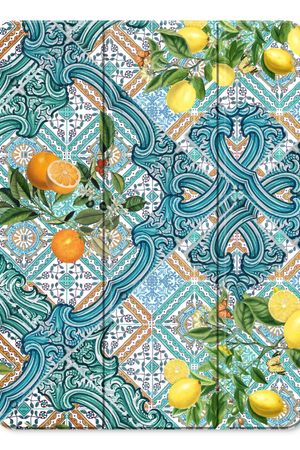 Azulejos azules, limones y naranjas