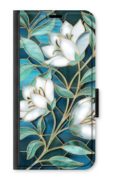 Blå blommor i färgat glas