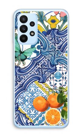 Blue tiles and oranges