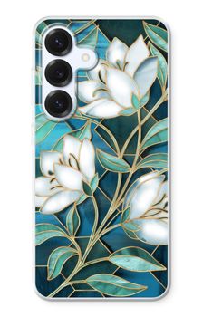 Blå blommor i färgat glas