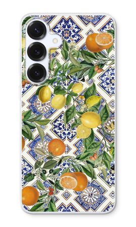 Azulejos azules, limones y naranjas