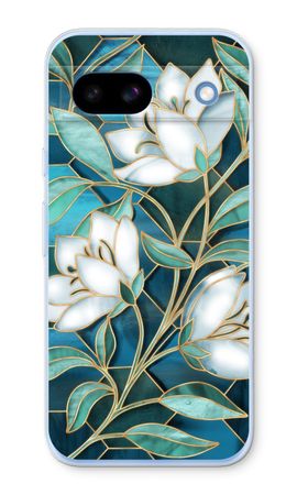 Blå blommor i färgat glas