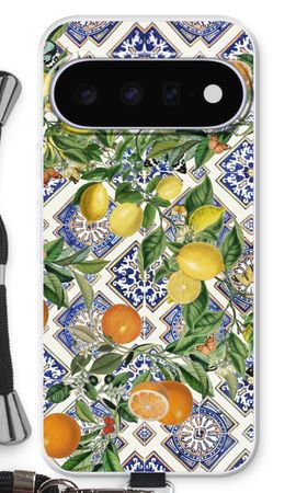 Blå kakelplattor, citroner och apelsiner