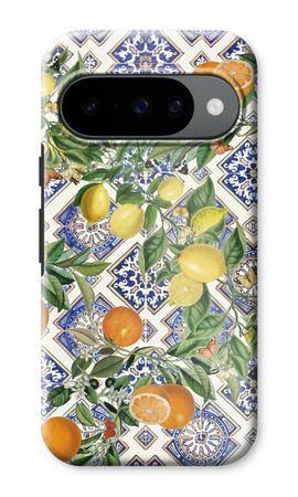 Blue tiles, lemons and oranges