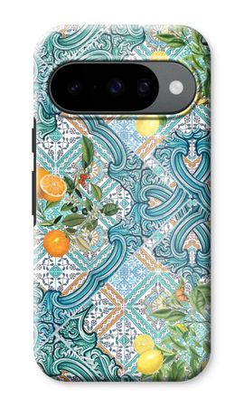 Blue tiles, lemons and oranges