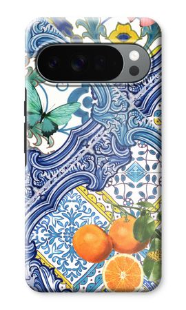 Blaue Fliesen und Orangen