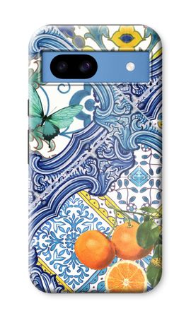 Blå kakelplattor och apelsiner