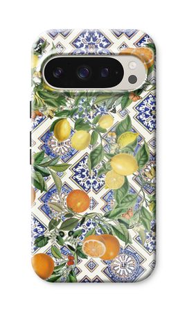 Blue tiles, lemons and oranges