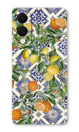 Azulejos azules, limones y naranjas
