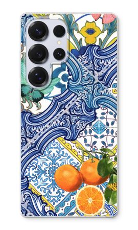 Blaue Fliesen und Orangen