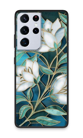 Blå blommor i färgat glas