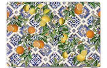 Blue tiles, lemons and oranges