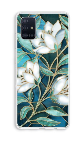 Blå blommor i färgat glas