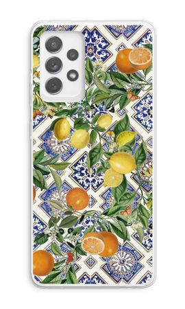 Blue tiles, lemons and oranges