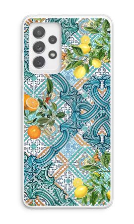 Blue tiles, lemons and oranges
