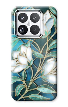 Blå blommor i färgat glas